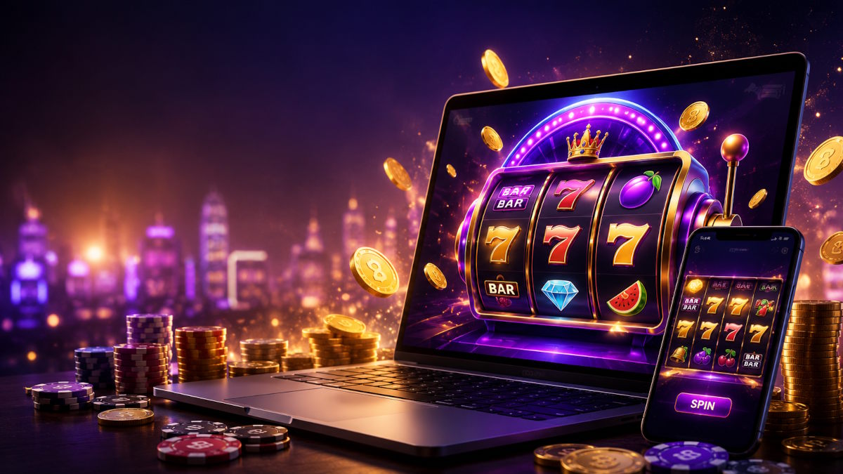 Online spillemaskiner vist på laptop og mobil med farverige slot-symboler, casinochips og digitale spilleautomater i neonbelyst casino-stemning.