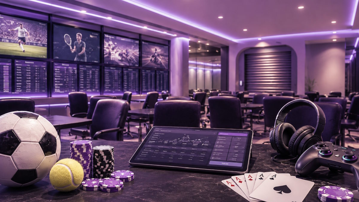 Lilla-tonet sportsbetting-lounge med odds-skærme, fodbold, tennisbold, spillekort og casinochips som illustration af et tidligere online casino og betting-site