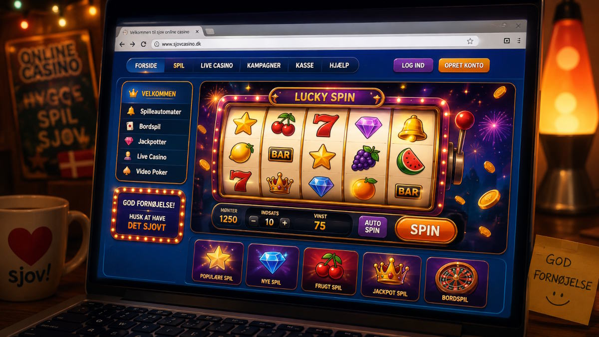 Nostalgisk online casino på en laptop med farverige spilleautomater, slot-symboler, danske menuer, neonlys og hyggelig retro casino-stemning.