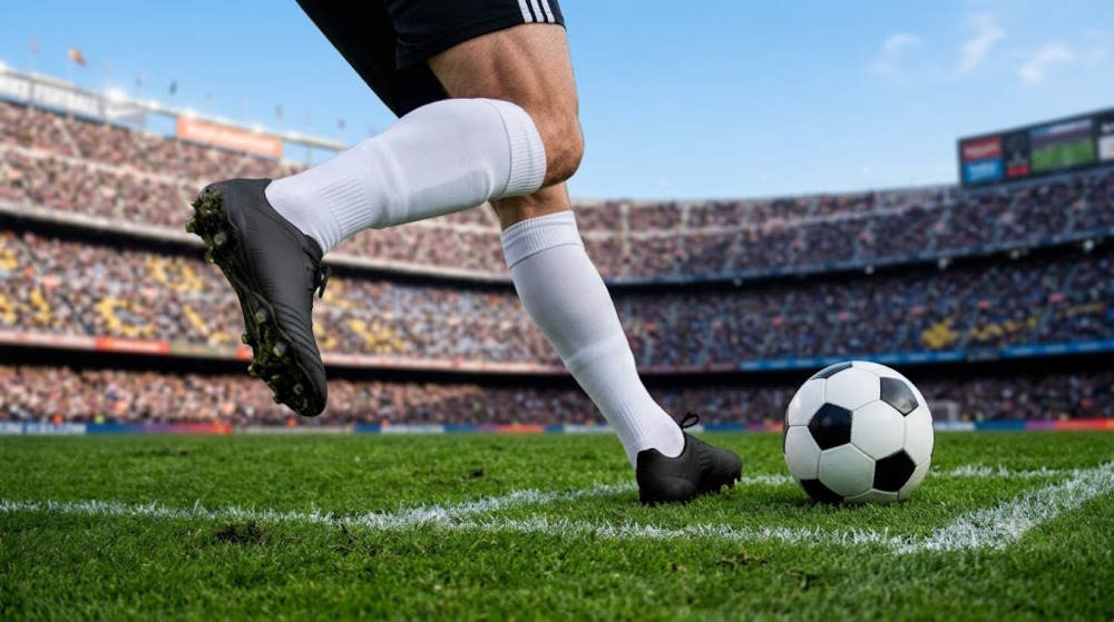 Nærbillede af en fodboldspiller i aktion på en grøn græsplæne med en klassisk sort-hvid fodbold under EM 2028.