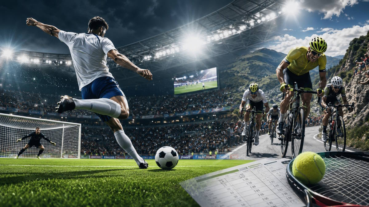 Fodboldspiller, cykelryttere og tennisudstyr som illustration af odds og online sportsbetting