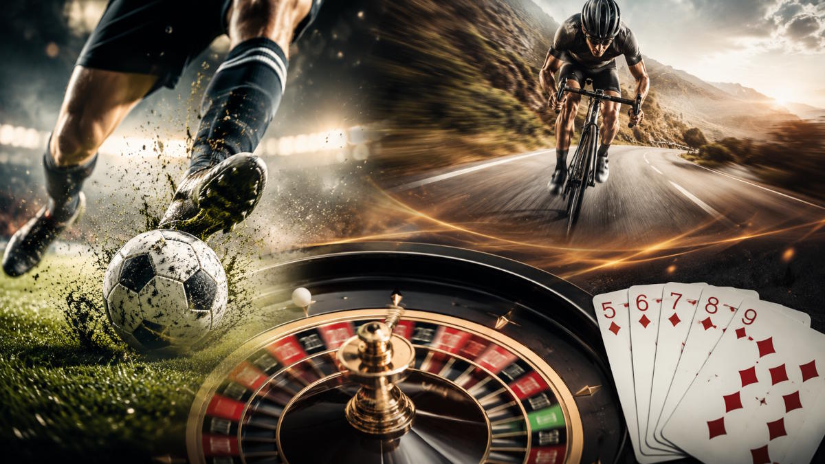 Fodbold, cykling, roulette og spillekort som illustration af online spil, odds og casino
