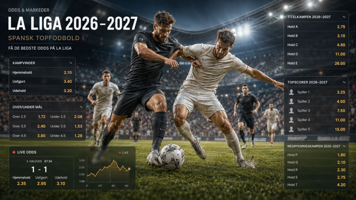 La Liga 2026-2027 odds med fodboldspillere, live betting, kampvinder, topscorer og nedrykning på stadion