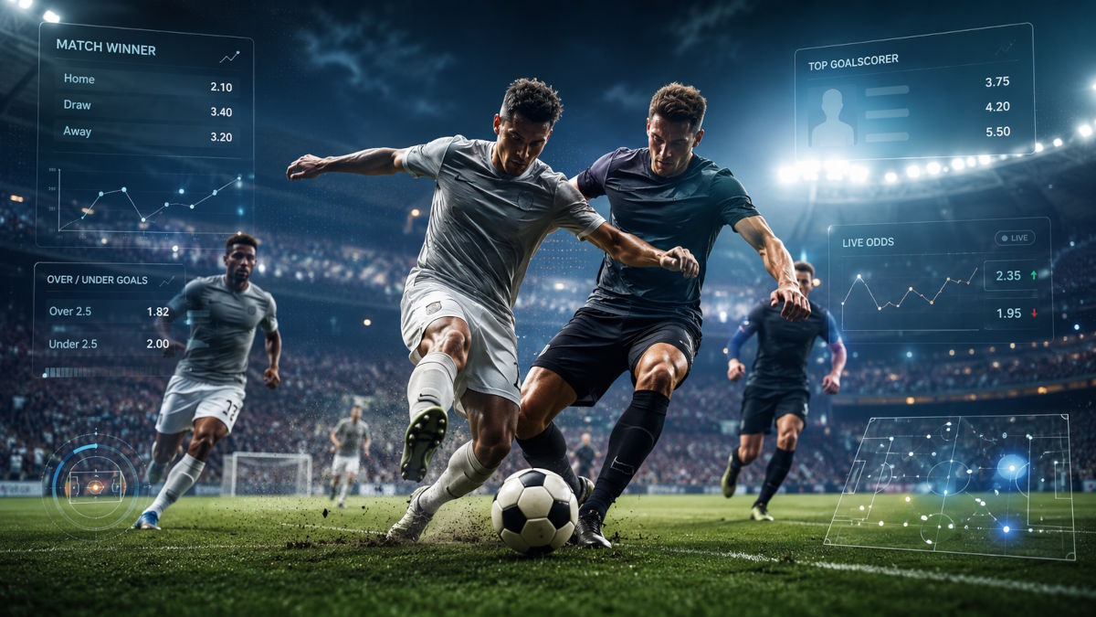 Billede med fodboldspillere, live betting, kampvinder, topscorer og statistik på en stadionbaggrund