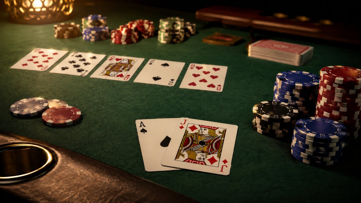 Pokerbord med spillekort og jetoner som illustration af online poker og pokersites