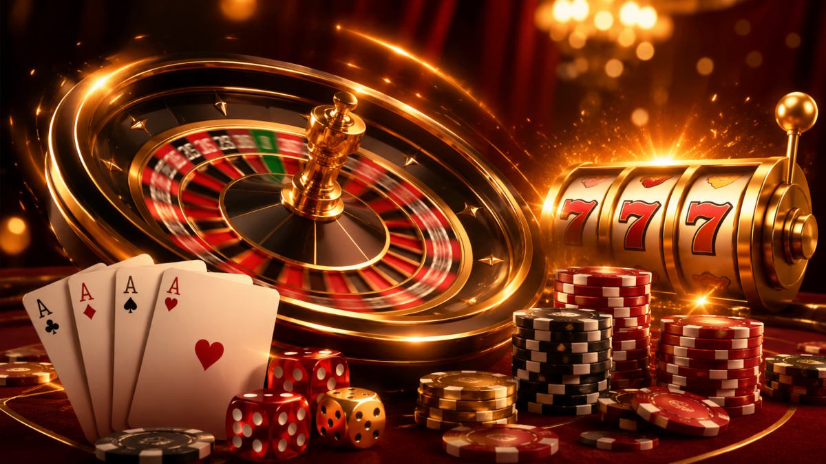 Casino online med roulette, jackpot, spillekort, terninger og jetoner.