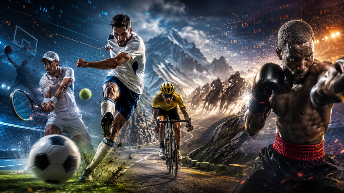 Dynamisk sportsbillede med fodboldspiller, tennisspiller, cykelrytter og bokser, der symboliserer valg af bettingfirma og odds på sport.