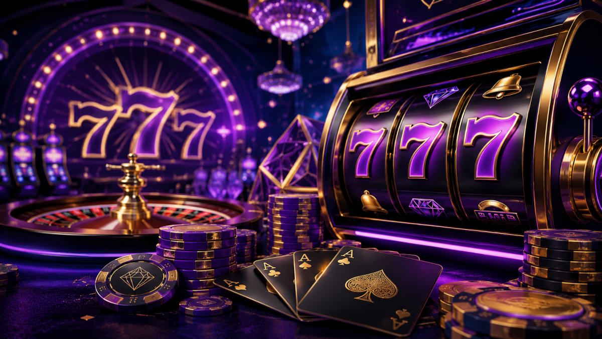 Lilla casino med 777 spilleautomat, roulette, jetoner og spillekort som illustration af et minde om Dansk777