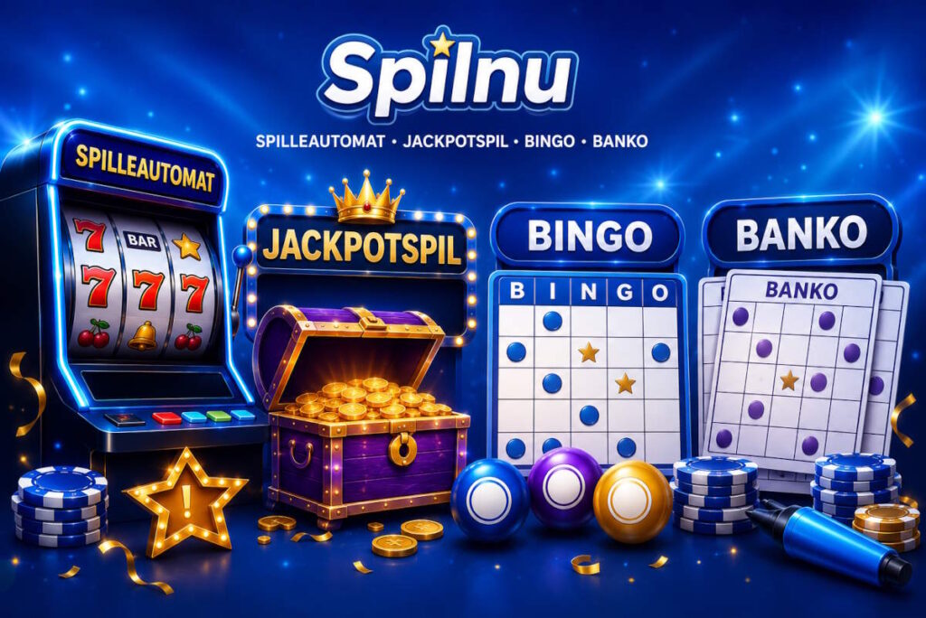 Spilnu online casino med spilleautomat, jackpotspil, bingo og banko som illustration af casinoets spiludvalg