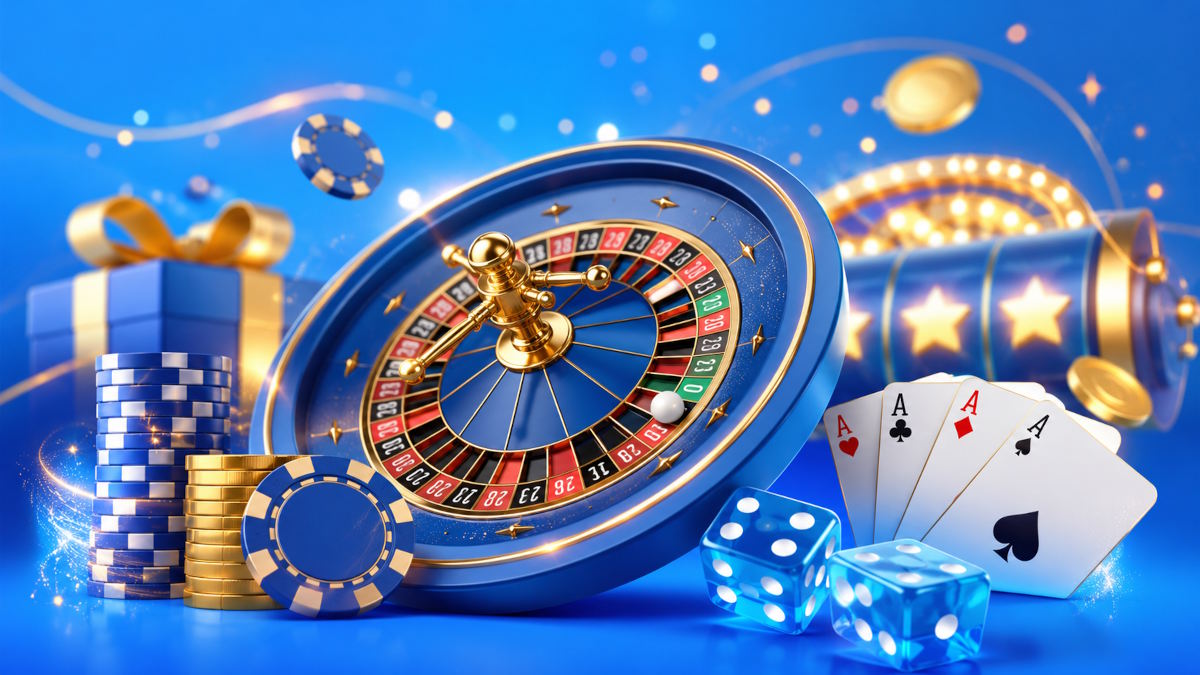 Spilnu velkomstbonus med roulette, spillekort, terninger, jetoner og casinoelementer på blå baggrund
