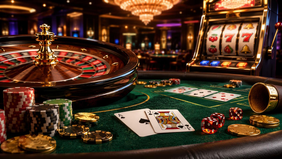 billede af forskellige casinospil - roulette, spillemaskiner, kort til blackjack, jetoner mm