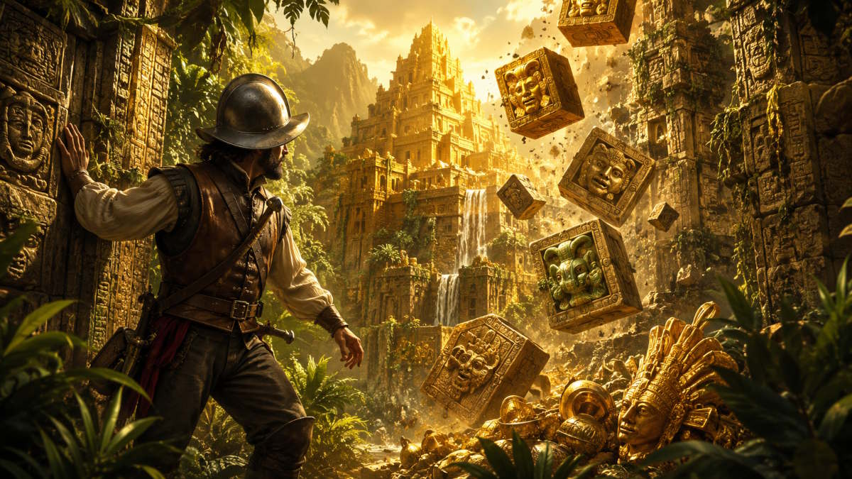 Gonzo’s Quest spilleautomat visualiseret med jungleruin, gyldent tempel, faldende stenblokke og jagten på El Dorado