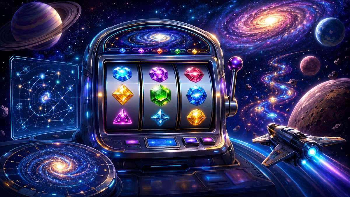 Space Gems spilleautomat visualiseret med rumskib, galakser, stjernekort og farverige ædelsten i rummet