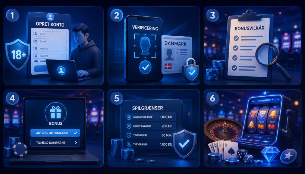 Guide til oprettelse hos Spillehallen med konto, identitet, bonusvilkår, bonusaktivering, spilgrænser og casinooversigt