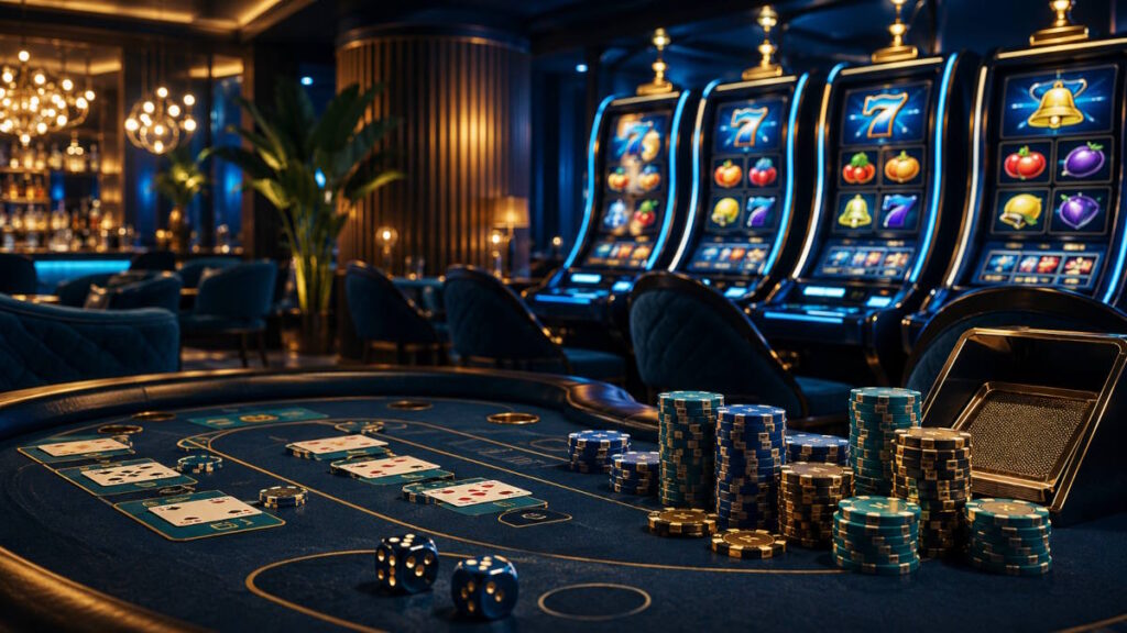 Et baccarat bord med kort, terninger og jetoner. I baggrunden er der 4 spilleautomater