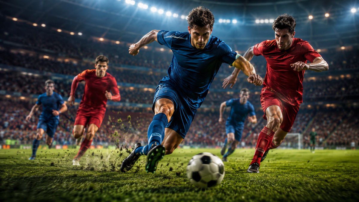 Fodbold EM 2028 AI billede med intens fodboldkamp, høj fart, spænding og fyldt stadion.
