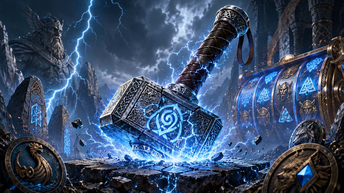 Thors Hammer spillemaskine med nordisk mytologi, Mjølner, lyn, runer og casino slot-symboler