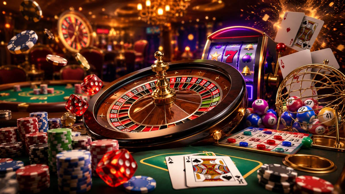 Ingen indskud casino med roulette, spilleautomater, kortspil, bingo, terninger og casinochips