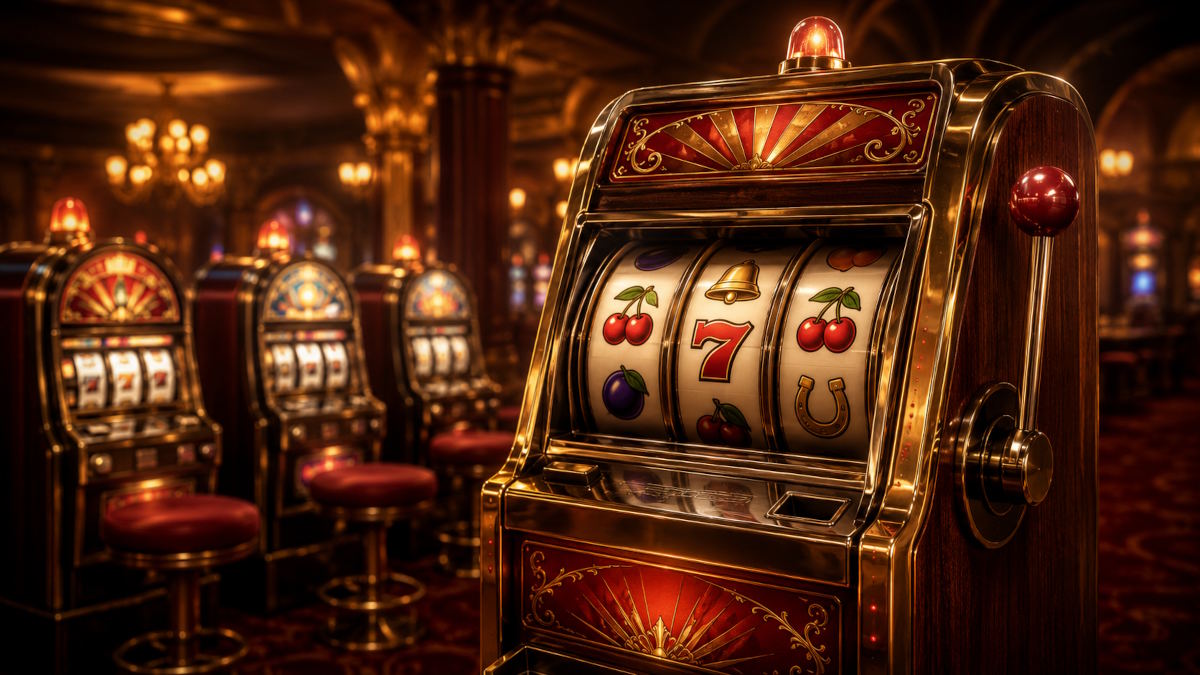 Enarmet tyveknægt online visualiseret med klassisk spilleautomat, frugtsymboler, 7-tal og casino-stemning