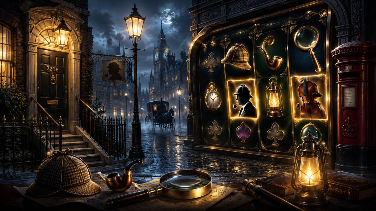 Spillemaskine Baker Street med detektivtema, London-stemning, lup, pipe og Sherlock Holmes-inspirerede slot-symboler