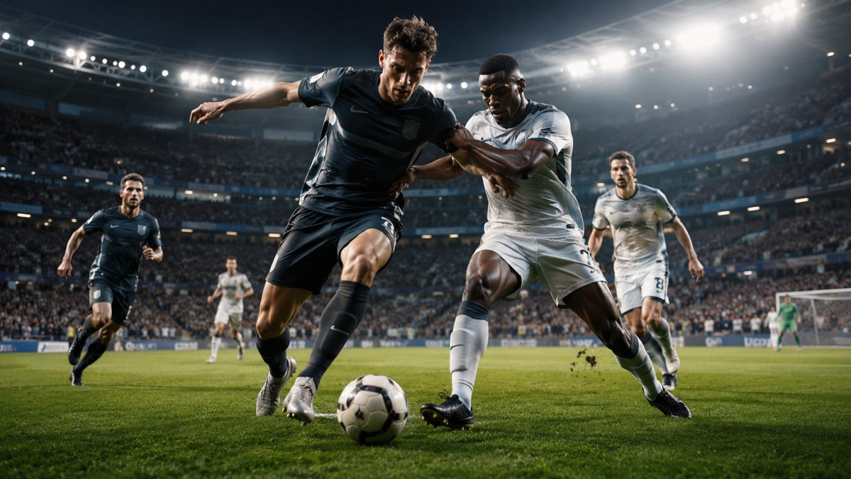 Champions League-inspireret fodboldkamp med høj intensitet, duel om bolden og fyldt stadion uden klublogoer
