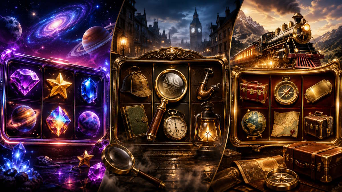Danske spilleautomater online med Starburst-inspireret rumtema, Baker Street detektivtema og Orient Expressen togtema