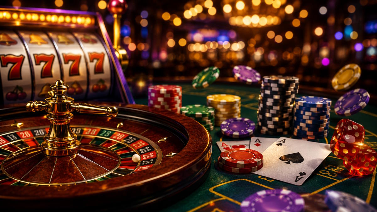 Bonus uden gennemspilskrav til casino online med roulette, spillekort, terninger, casinochips og spilleautomat