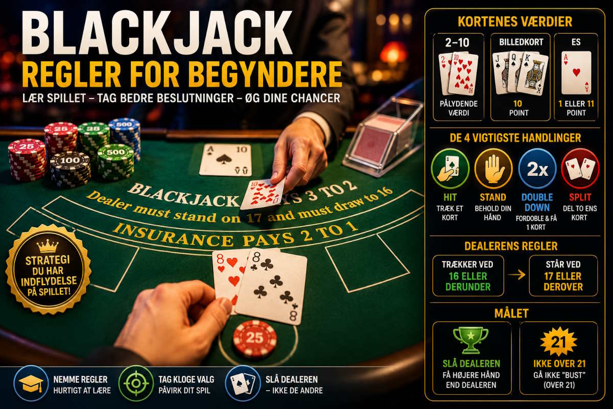 Et BlackJack spil er i gang - på billedet er der en tekst med BlackJack for begyndere
