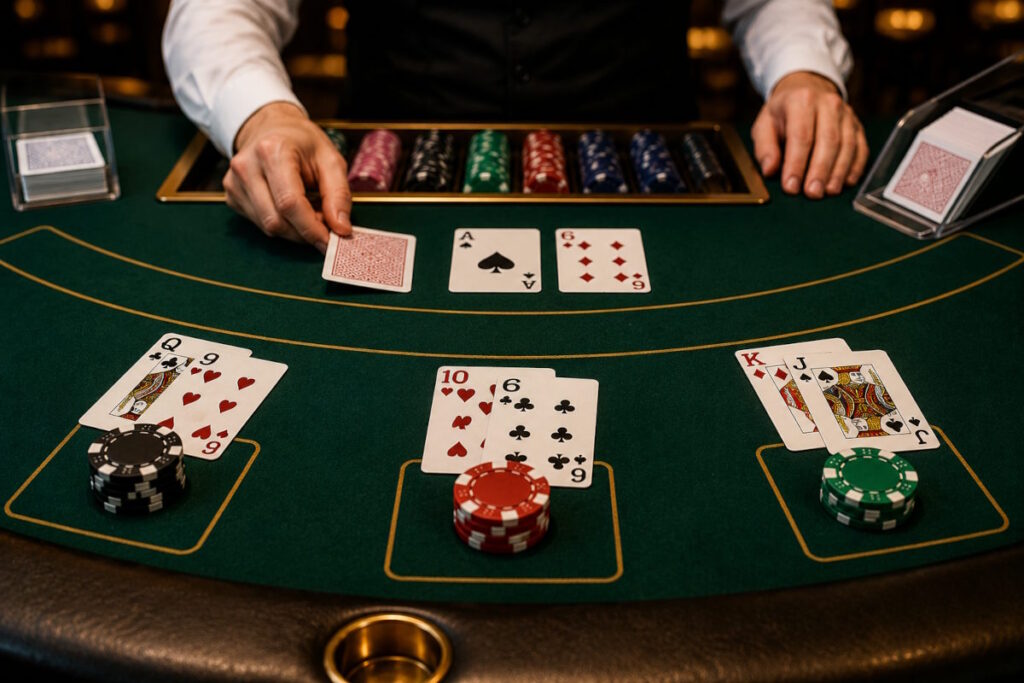 Alt tekst:
“Blackjack-spil i gang på grønt casinobord med dealer, spillekort og jetoner i varm og elegant casino-atmosfære. Flere hænder er aktive ved bordet, mens kort deles ud under klassisk blackjack på online casino.”