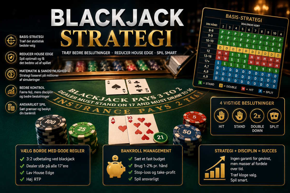 ALT tekst: Illustration af blackjack strategi på online casino med spillekort, pokerchips og strategiskema. Fokus på basis-strategi, house edge, bankroll management, RTP, ansvarligt spil og matematiske beslutninger i blackjack.