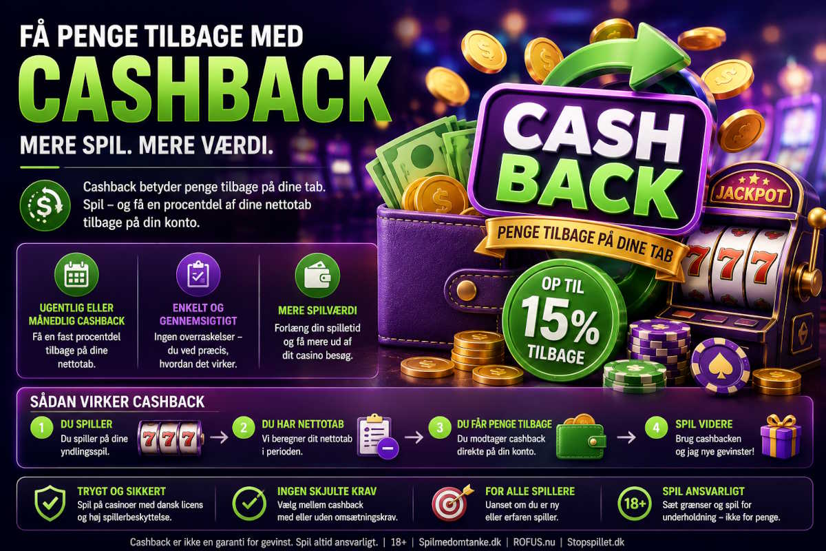 Billede i lilla og grønne farver med overskriften "Få penge tilbage med Cashback"