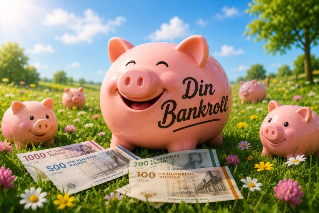 alt="Glad og farverig illustration af en stor smilende sparegris med teksten 'Din Bankroll' stående på en grøn eng omgivet af mindre sparegrise og danske pengesedler. Motivet symboliserer ansvarligt bankroll management, budgetstyring og økonomisk kontrol på online casino."
