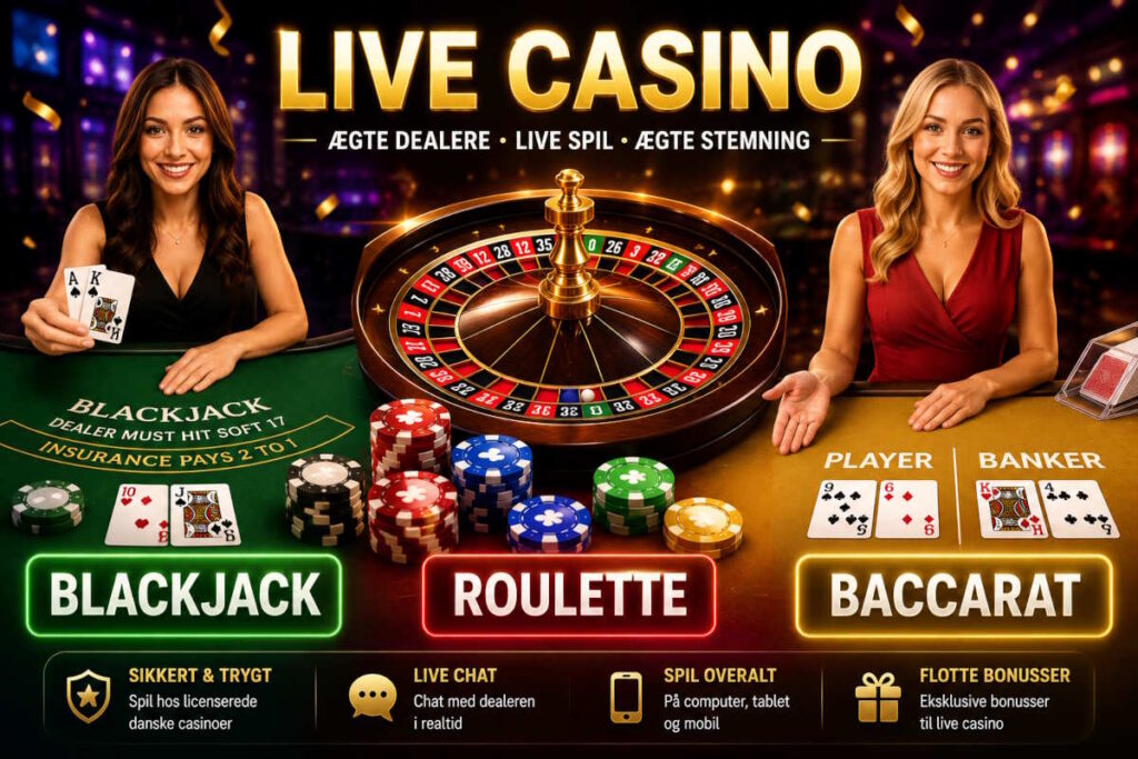 alt="Live casino i varme og indbydende farver med roulette, blackjack og baccarat ved elegante casinoborde. Professionelle dealere, spillekort, roulettehjul og jetoner skaber en eksklusiv og afslappet online casino stemning for nye spillere."
