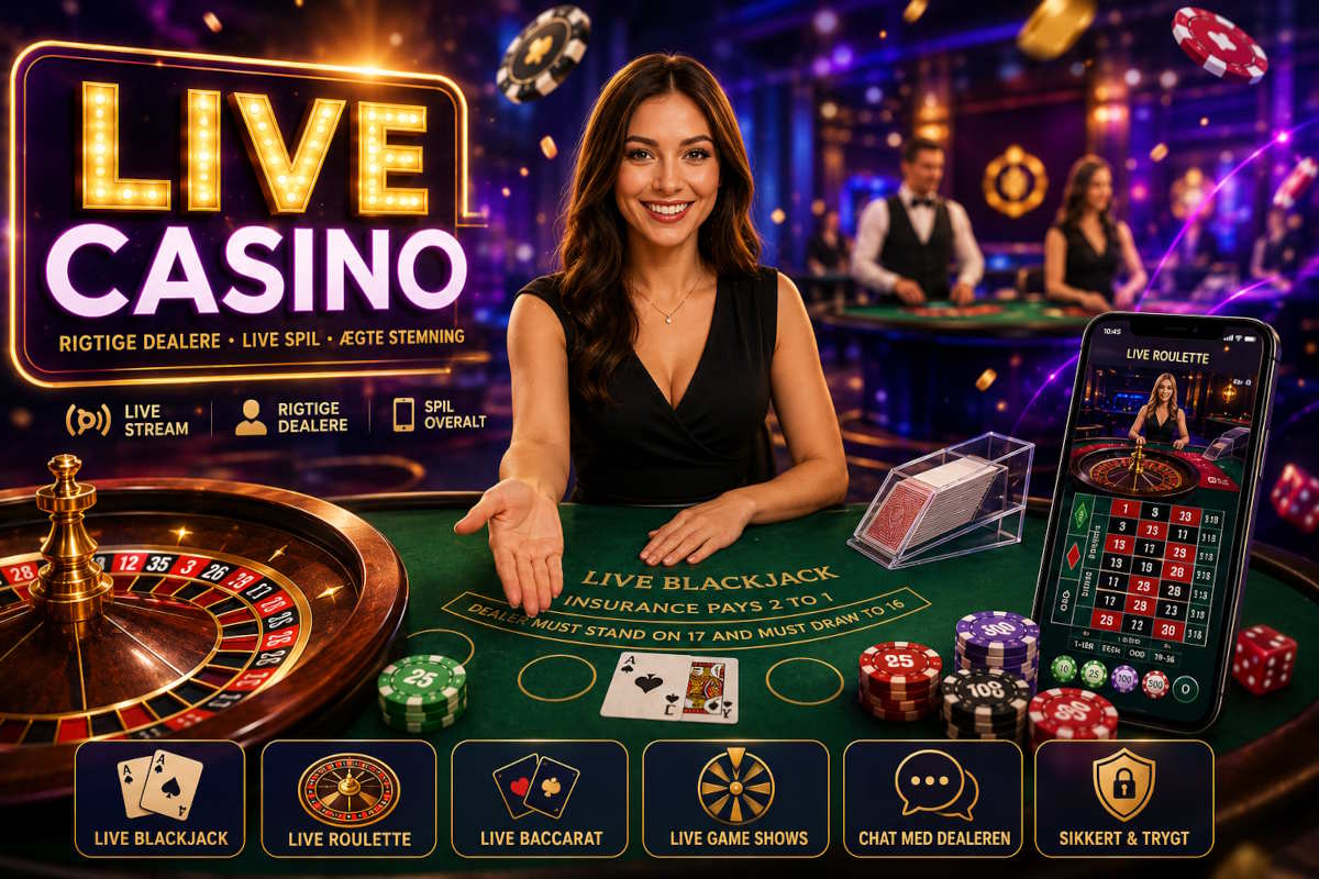 Viser Live casino i varme farver, en dealer står klar