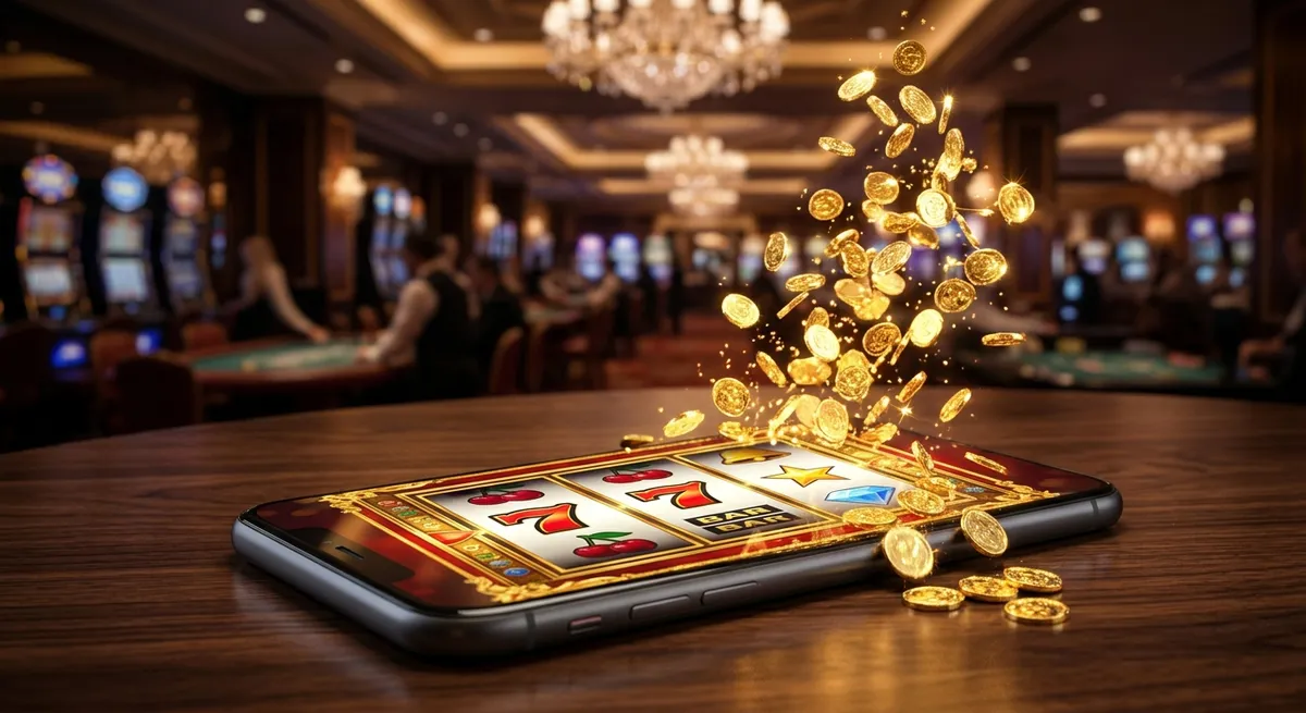 En smartphone der viser en online spillemaskine med freespins og gyldne mønter