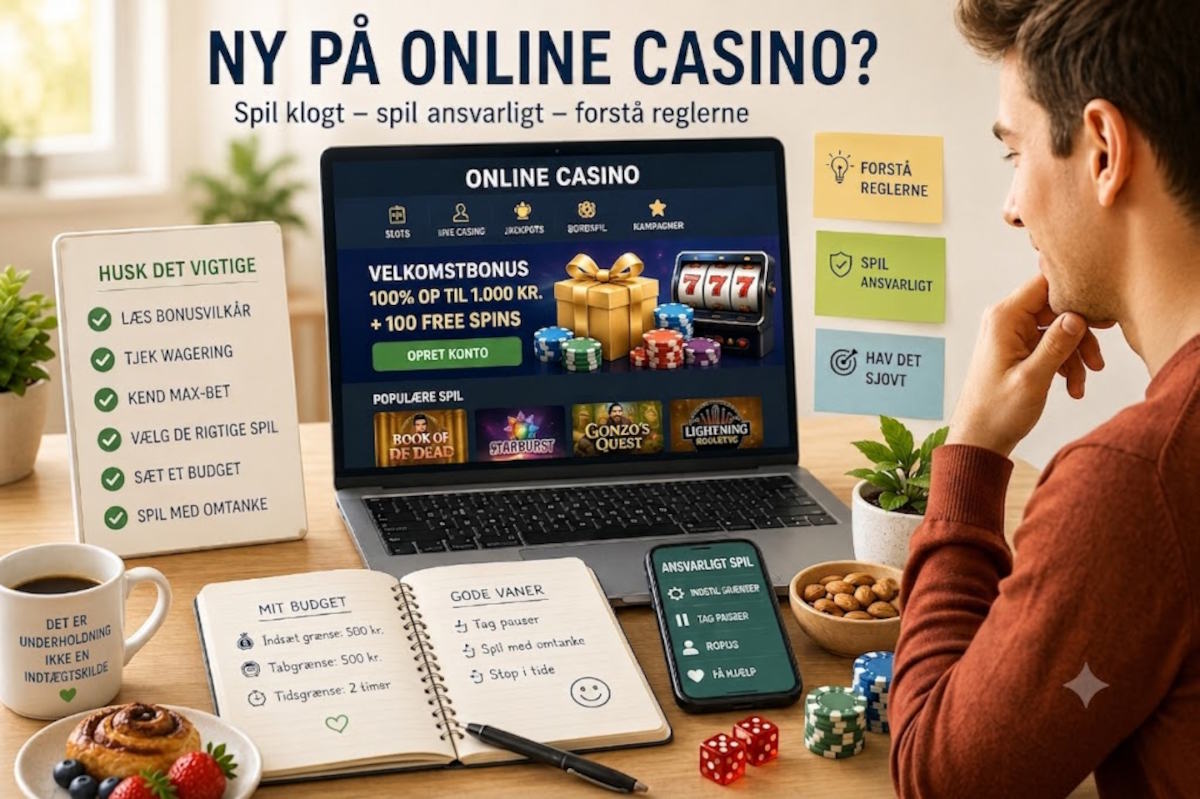Mand spiller på online casino han er nybegynder så billedet beskriver typiske begynderfejl