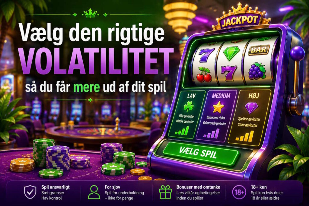 Farverigt online casino med lilla og grønne nuancer, moderne spilleautomat og casinochips i varme farver. Billedet visualiserer valg af volatilitet på slots og viser forskellen mellem lav, medium og høj volatilitet i en indbydende casinostemning.”