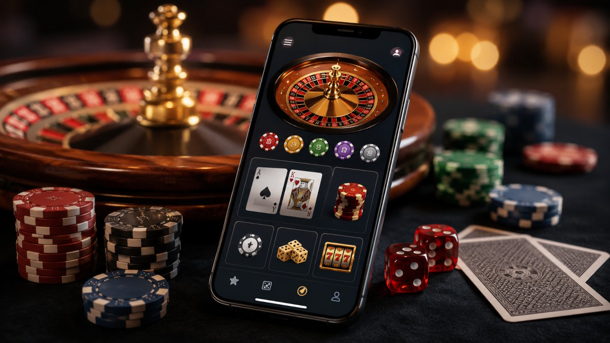 Casino apps i Danmark med mobilcasino, roulette, spilleautomat, kortspil, terninger og casinochips