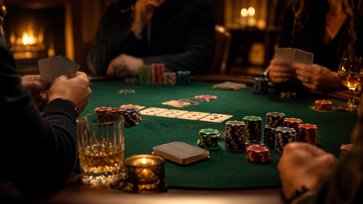 Pokerspil med spillekort og jetoner på et grønt pokerbord i varmt lys
